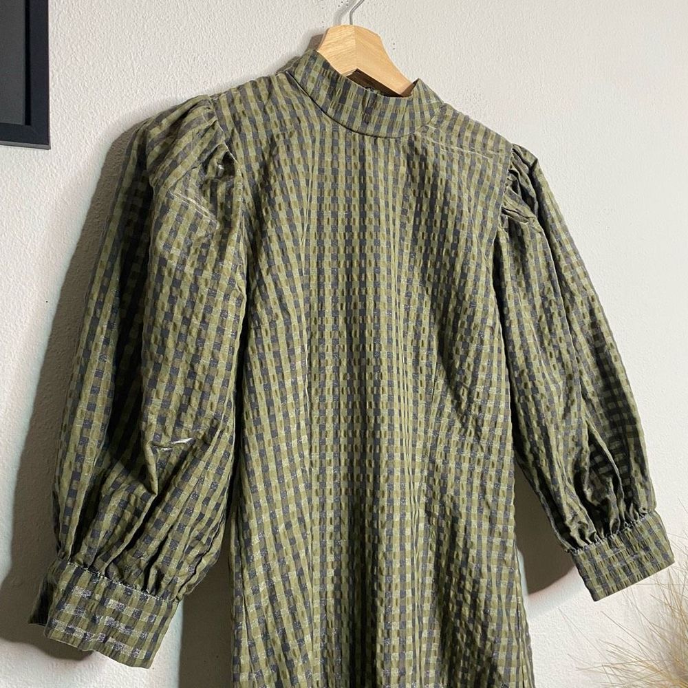GANNI Dress Seersucker Gingham Mini Dress Green Size 34 - Picture 4 of 11